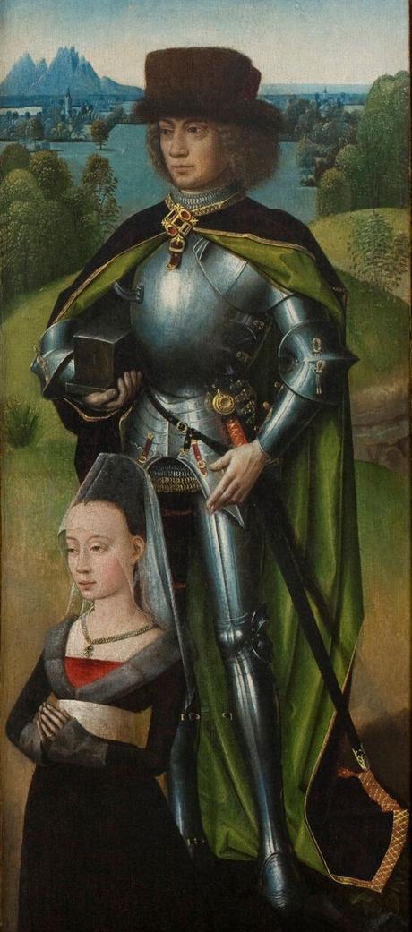 Maestro de la Leyenda de Santa Lucía 1475 ca Triptyque de la Passion volet droit Saint Adrien avec Adrienne de Vos,2eme epouse de Donas de Moor