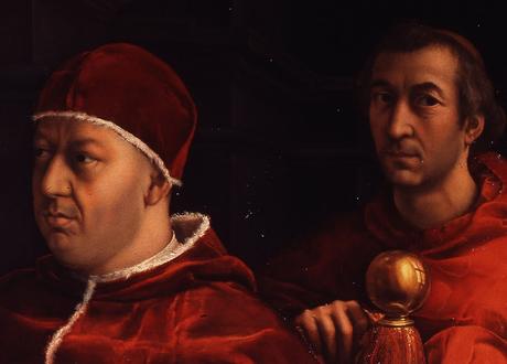 Raphael 1518 Portrait de Leon X with Cardinals Giulio de' Medici and Luigi de Rossi Offices detail