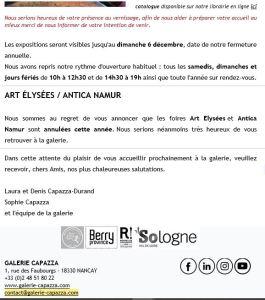 Galerie Capazza à Nancay en Sologne  depuis le 10 Octobre 2020