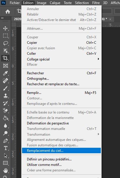 Menu remplacement du ciel dans photoshop