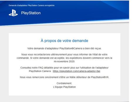 Email confirmatiion PSVR sur PS5