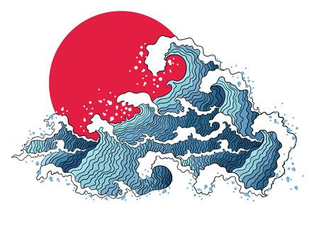 Illustration asiatique des vagues de l'océan et du soleil. Isolé sur fond blanc Banque d'images - 40497299