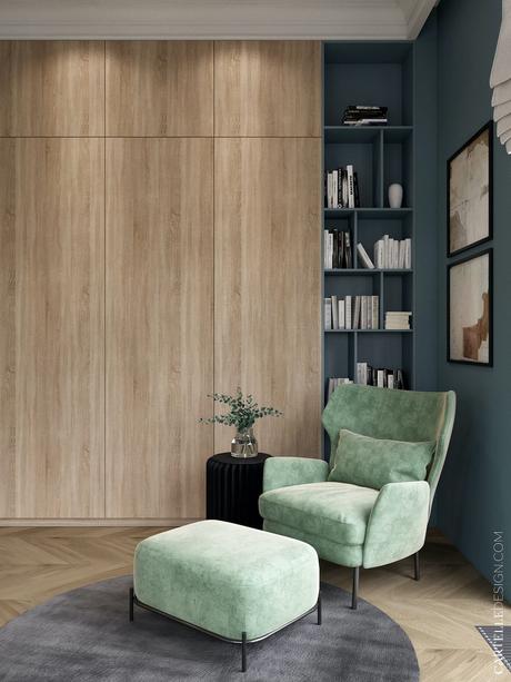 espace cosy chambre bleue verte fauteuil velours espace lecture bibliothèque case sur-mesure