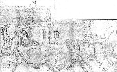 König Ludwig II. in seiner Kutsche / Le roi Louis II dans son carrosse. Zeichnung von Ferdinand Bac / Un dessin de Ferdinand Bac.