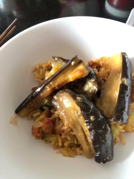 Aubergines sauce miso et risotto à la citronnelle