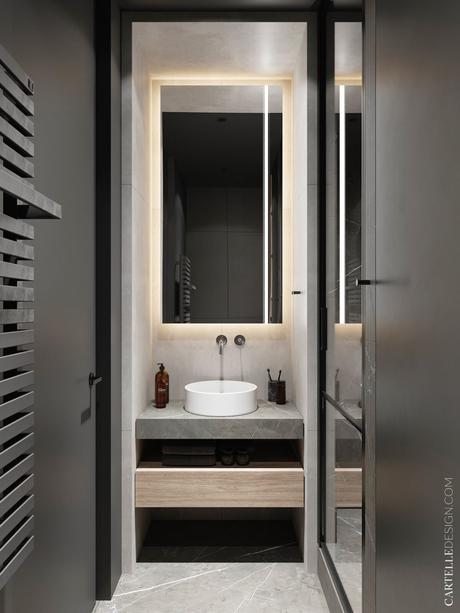 salle de bain minimaliste meuble grise bois décoration intérieure marbre