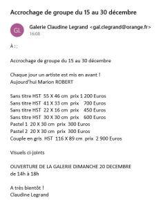 Galerie Claudine Legrand – 15/30  Décembre  2020  Exposition Marion Robert