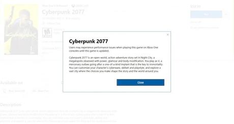 Les pages anglaise et américaine du Microsoft Store affichent un avertissement au sujet de Cyberpunk 2077