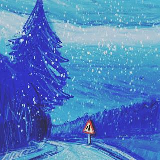 Dessin sur la Route, voyage d’hiver en bleu cyan, Winterreise, Drive-by-Drawing.