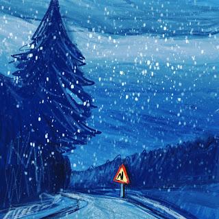 Dessin sur la Route, voyage d’hiver en bleu cyan, Winterreise, Drive-by-Drawing.