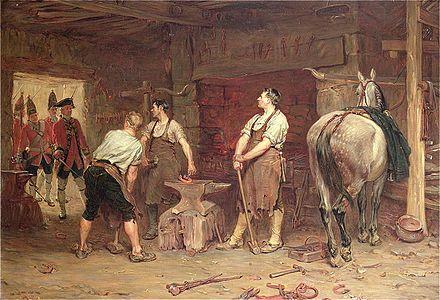 After Culloden - Rebel Hunting, tableau de John Seymour Lucas représentant un atelier de maréchal-ferrant (1884).