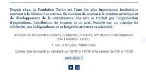 Fondation TAYLOR  reprise des expositions 21 Janvier au 13 Février 2021