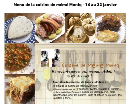 menus de la cuisine de mémé Moniq du 16 au 22 janvier