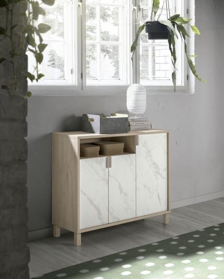 meuble commode étroite bois effet marbre design