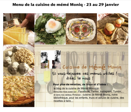 menus de la cuisine de mémé Moniq du 23 au 29 janvier