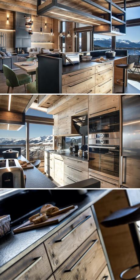 Visite déco : une rénovation d’un appartement de montagne aux Arcs rénovation d'un appartement de montagne style chalet cuisine bois métal noire moderne