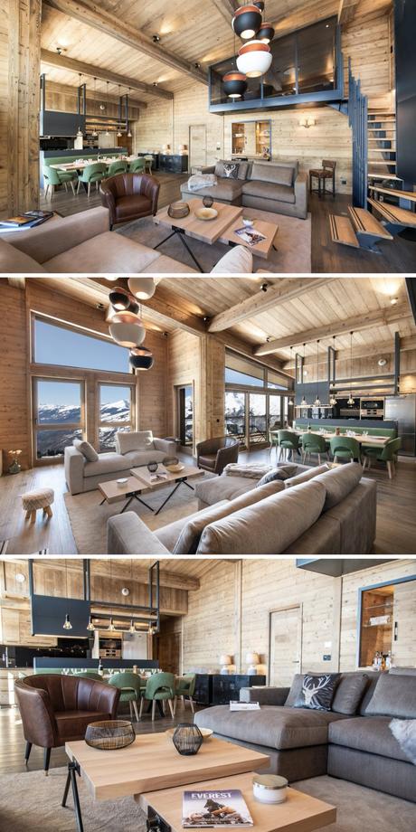 rénovation d'un appartement de montagne style chalet salon gris moderne duplex