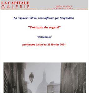 Galerie La Capitale  « Poétique du regard « jusqu’au 28 Février 2021