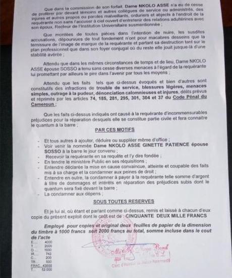 L’épouse du recteur de l’Université de Yaoundé 1, Ginette patience Nkolo, poursuivi au Tribunal pour Bagarre