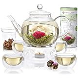 Meilleure théière en verre borosilicate avec réchaud – Comparatif %currentmonth% %currentyear% Service à thé Teabloom complet : théière verre borosilicaté - 12 fleurs de thé sculpté - Réchaud à thé - 4 verres double paroi - Infuseur à thé - Meilleur coffret cadeau fleurs de thé