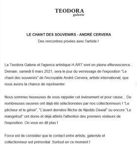 Galerie Teodora « Le chant des souvenirs » André Cervera 6 Mars/14 Avril 2021