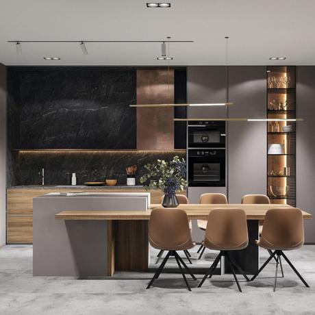 espace cuisine salle à manger décoration cuivre design moderne masculine