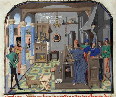 Loyset Liedet avant 1472 Charles le Temeraire surprenant David Aubert en train de calligraphier Histoire de Charles Martel, Bruxelles, Bibliotheque royale, ms. 8, fol. 7