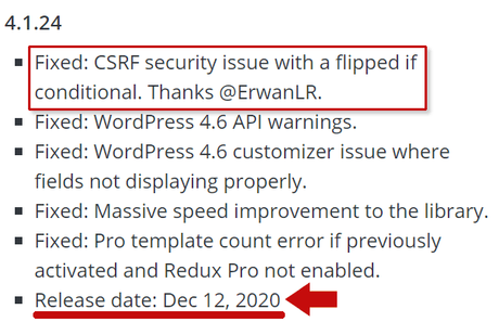 Capture d'écran du journal des modifications du plugin Redux WordPress
