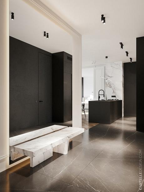 Visite déco : appartement noir blanc bois appartement noir blanc bois décoration entrée banc marbre placard mat miroir géant mural