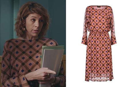 DEMAIN NOUS APPARTIENT : la robe rose à motifs géométriques de Sandrine dans l’épisode 886