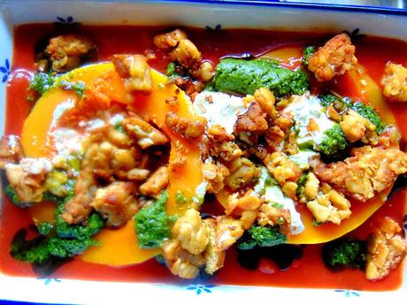 Lasagne de courge au tempeh, au frauxmage à la crème de cajou et au pesto