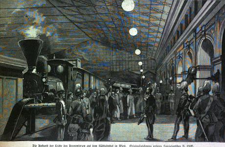 L'arrivée du corps de l'archiduc Rodolphe en gare de Vienne / Die Ankuft der Leiche der Kronprinzen auf dem Südbahnof in Wien.