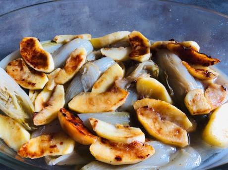 Endives braisées, pommes sautées, gratin au bleu d’Auvergne