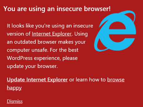 Capture d'écran de l'écran nag WordPress concernant IE 11