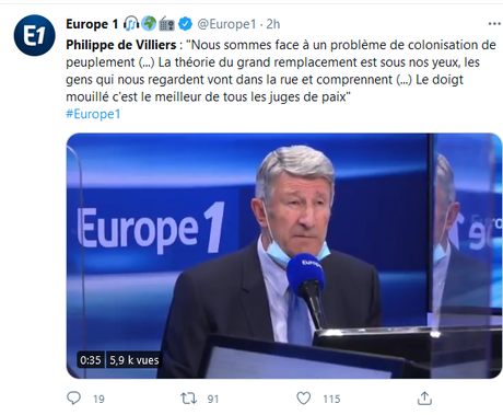 Philippe de Villiers continue à faire tourner son vieux disque rayé (avec la bénédiction de Sonia Mabrouk)  #racisme #complotisme