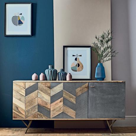 meuble style scandinave bois gris béton mur bleu canard blog déco