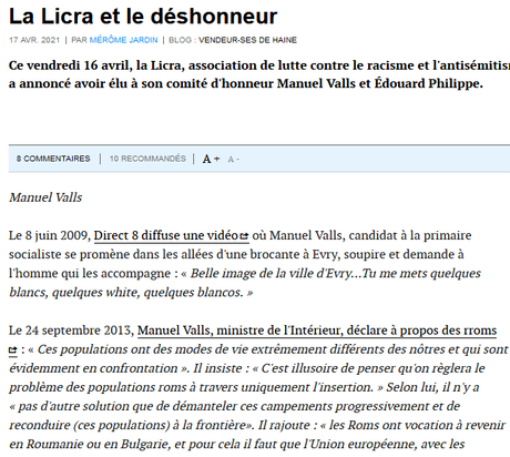 Valls, un raciste autoritaire, au comité du déshonneur de la @_LICRA_ Valls, un raciste autoritaire, au comité du déshonneur de la @_LICRA_