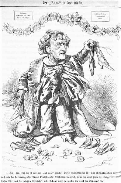 Wagner, l'Atlas de la musique, une caricature du journal satirique allemand Puck (1877)