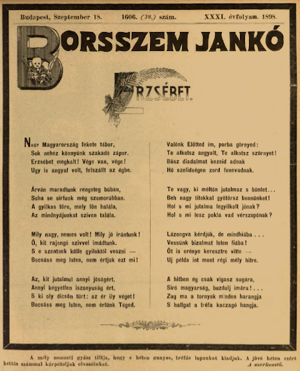 Presse hongroise : le poème élégiaque à Erzsébet (Sissi) dans le Borsszem Jankó du 18 septembre 1898