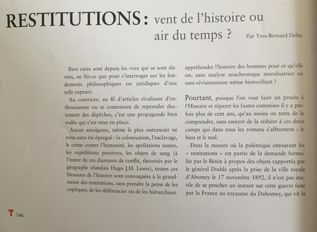 A propos des « restitutions » pour faire suite à l’émission de Dimanche dernier sur fr5 – l’avis de Yves-Bernard Debie dans Tribal Art no 89