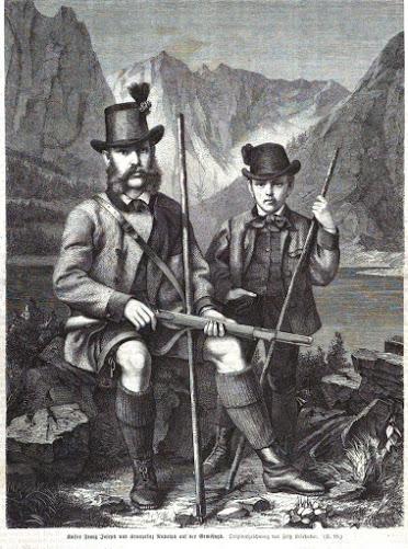 L'empereur François-Joseph et le prince héritier Rodolphe chassant le chamois. Un dessin de Friedrich Kriehuber.