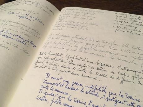 Un cahier dont les pages sont remplies d'histoires courtes manuscrites