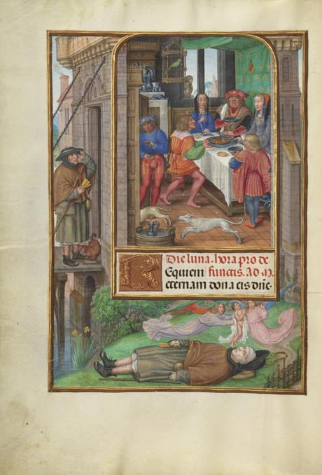 Spinola hours 1510-20 Getty Ms. Ludwig IX 18 fol 021v Master of James IV of Scotland The Feast of Dives detail