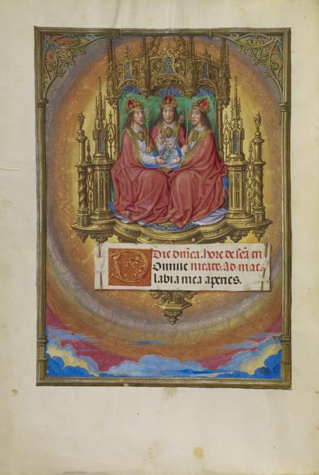 Spinola hours 1510-20 Getty Ms. Ludwig IX 18 fol 010v Master of James IV of Scotland The Holy Trinity Enthroned