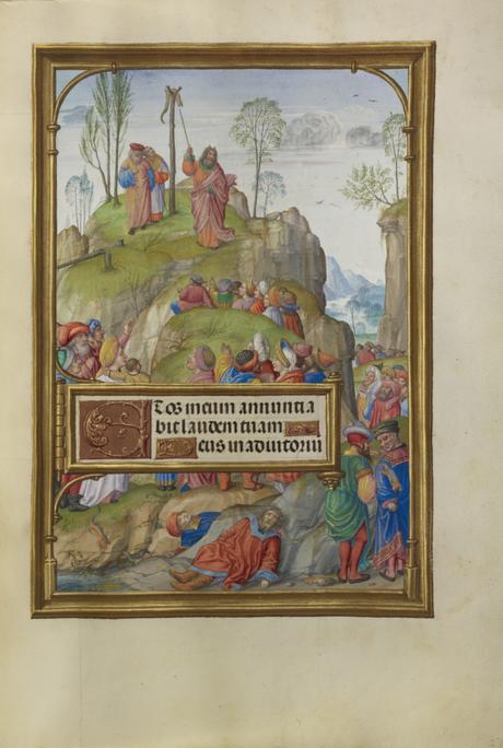 Spinola hours 1510-20 Getty Ms. Ludwig IX 18 fol 057 Master of James IV of Scotland Moise et le serpent d'airain