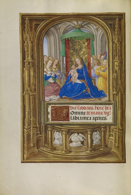 Spinola hours 1510-20 Getty Ms. Ludwig IX 18 fol 064v Master of James IV of Scotland The Virgin and Child Enthroned
