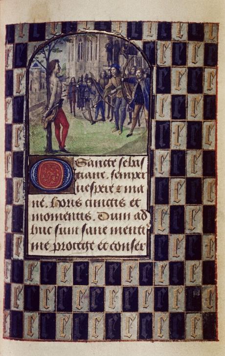 1475 ca Master of Mary of Burgundy Hours of Engelbert of Nassau Bodleian Library MS. Douce 220 fol 33r St Sebastien