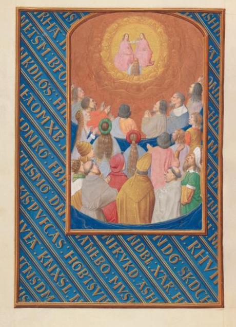 1500 ca Master of the First Prayerbook of Maximillian Hours of Queen Isabella the Catholic, Cleveland Museum of Arts, Fol. 37v, Court of Heaven