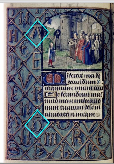 1475 ca Master of Mary of Burgundy Hours of Engelbert of Nassau Bodleian Library MS. Douce 220 fol 190v David avec la tete de Goliath schema