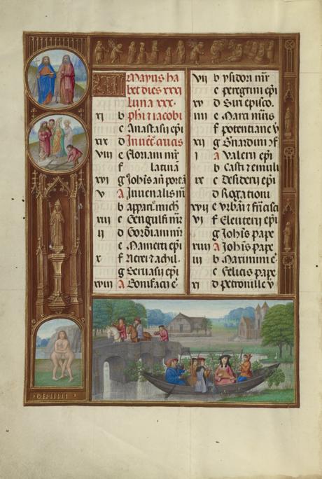 Spinola hours 1510-20 Getty Ms. Ludwig IX 18 fol 003v Atelier Master of James IV of Scotland May Calendar Page